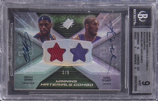 2008-09 UD SPx "Winning Materials Combos" Autographs #WMCBJ Kobe Bryant/LeBron James Dual Signed Game Used Jersey Card (#1/5) – BGS MINT 9/BGS 10